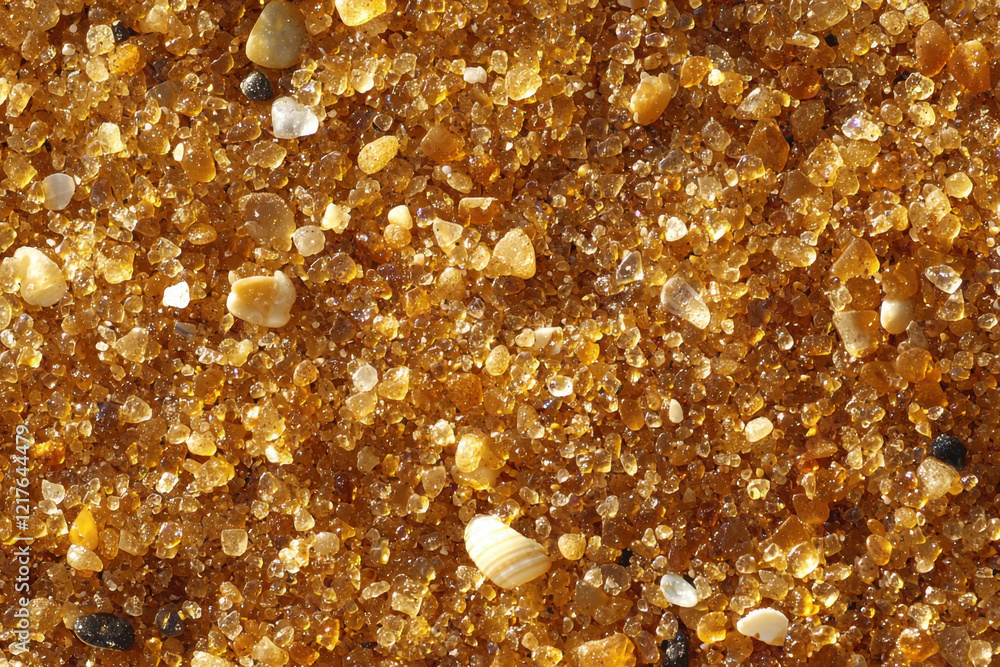 Close-up of golden sand with small pebbles, creating a natural and earthy texture with soft lighting Close-up of golden sand with small pebbles, creating a natural and earthy texture with soft lighting