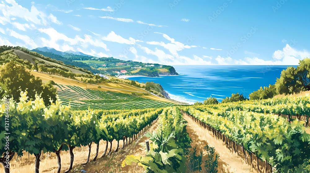 Fototapeta premium Terraced vineyard overlooking blue sea and hillside. Ocean Grove. Illustration