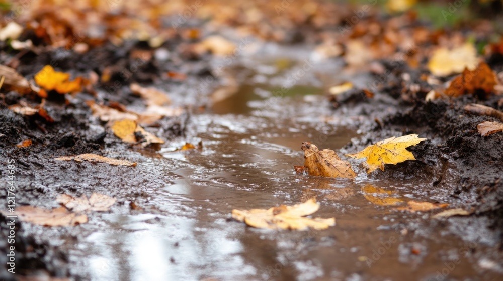 Fototapeta premium Autumn landscape featuring puddles on a muddy path adorned with fallen yellow leaves in a serene forest setting