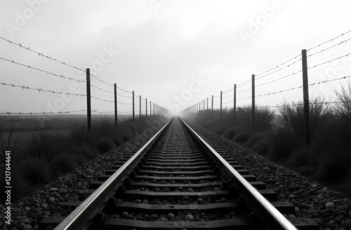 Monochromatic Train Tracks leading to a distant horizon with Barbed Wire Evoking Holocaust. Holocaust Remembrance Day