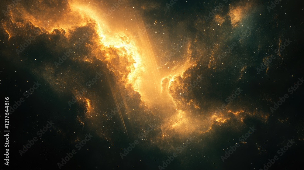 Fototapeta premium Colorful cosmic nebula with bright light rays and scattered stars on a dark background, suitable for astronomical themes, Copy Space.