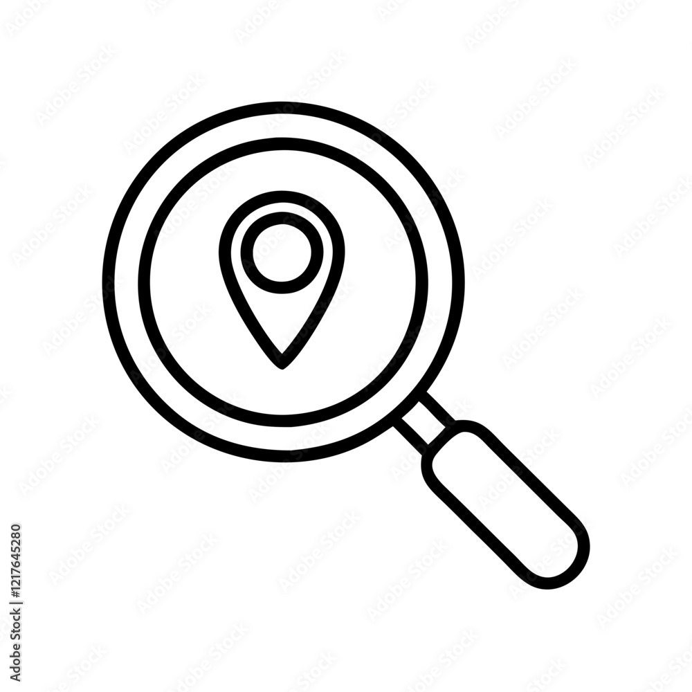 icon magnifying glass with a location pin on white background icon magnifying glass with a location pin on white background