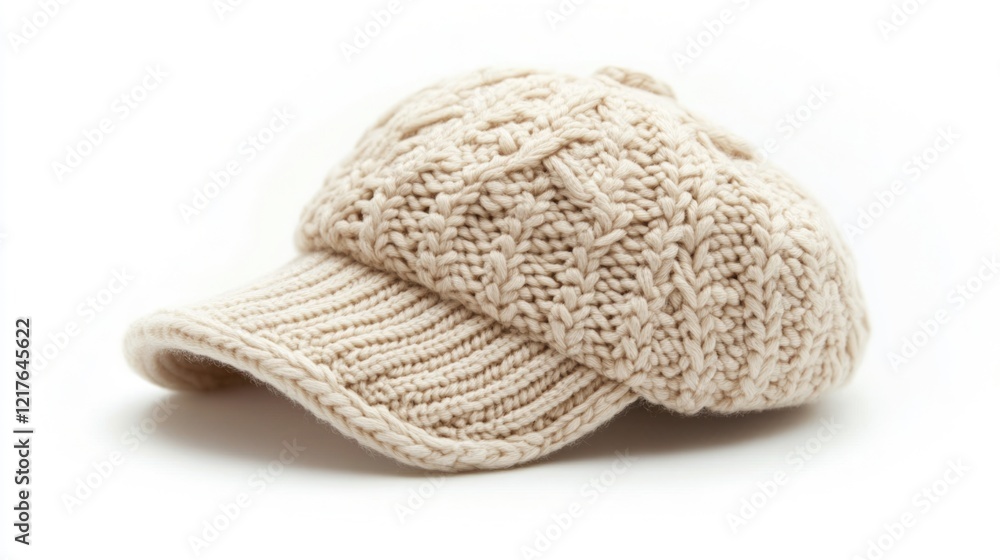 Knitted baby cap hat with visor on a clean white background showcasing soft textures and cozy design for infant accessories. Knitted baby cap hat with visor on a clean white background showcasing soft textures and cozy design for infant accessories.