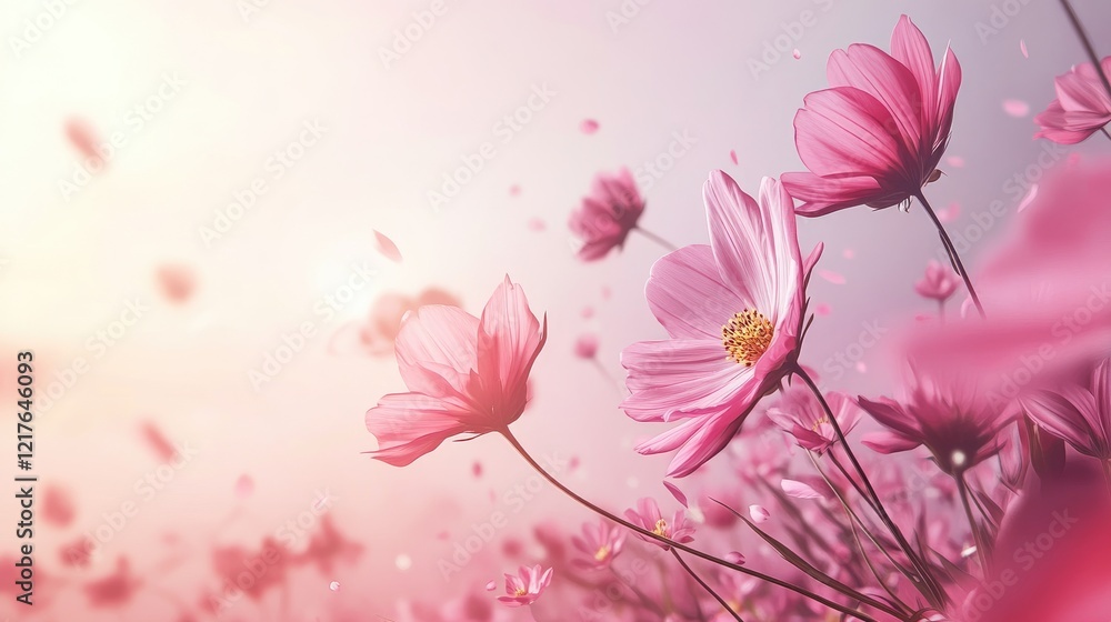 Pink Flowers in Bloom with Soft Sunshine Background and Copy Space for Text Pink Flowers in Bloom with Soft Sunshine Background and Copy Space for Text
