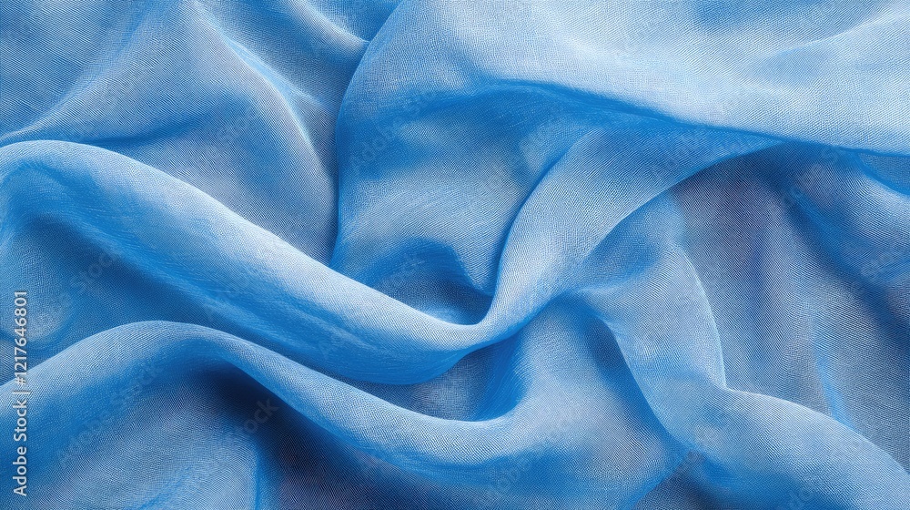 Obraz premium Light blue sheer fabric texture with soft folds and wrinkles, abstract textile background with copy space.