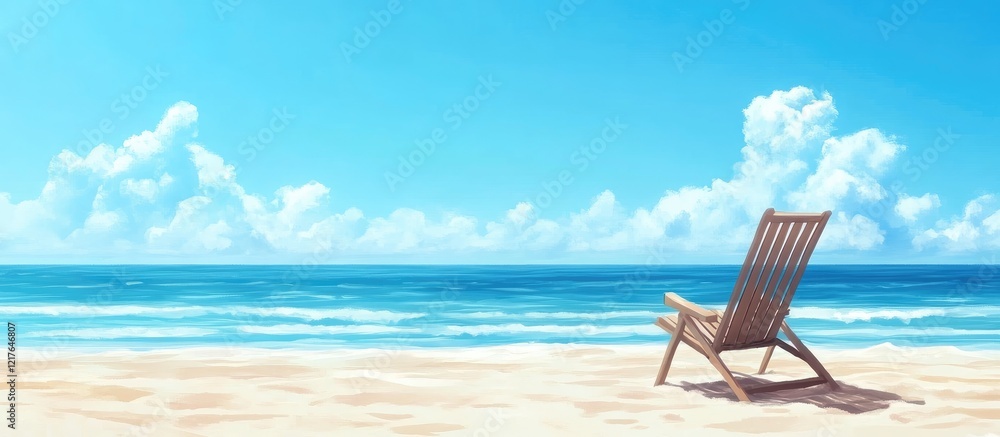 Tropical beach scene with a wooden chair on white sand under a clear blue sky inviting relaxation and tranquility with space for text Tropical beach scene with a wooden chair on white sand under a clear blue sky inviting relaxation and tranquility with space for text