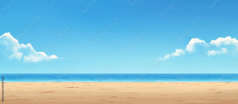 Obraz premium Serene beach landscape featuring clear blue sky and ocean horizon ideal for text overlay and design projects