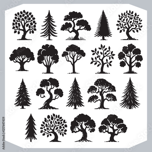 Iconic Tree Silhouettes Set Versatile Black Vector Designs for Creative Project