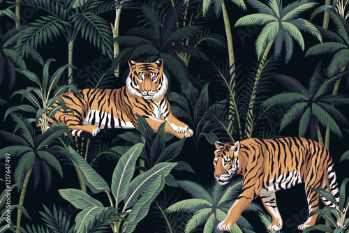 Tiger, tropical palm leaves floral seamless pattern black background. Exotic night botanical jungle wallpaper.	