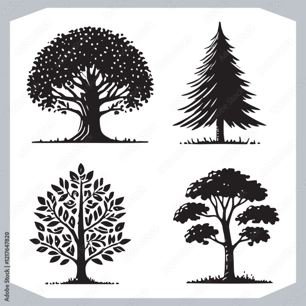 Iconic Tree Silhouettes Set Versatile Black Vector Designs for Creative Project