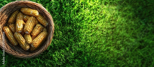 Basket of sweet corn cobs on lush green grass with empty space for text ideal for seasonal advertisements and agricultural promotions photo