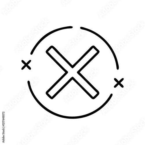 Cross icon in a circular design, representing negation or error, black outline.