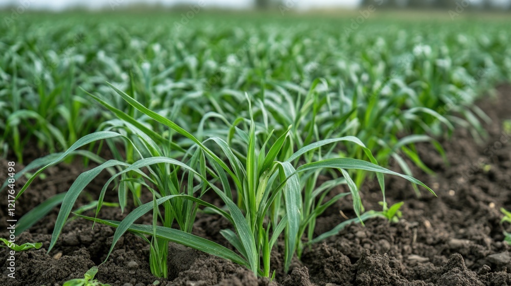 Obraz premium Young green plants growing in fertile soil of an agricultural field with depth of field effect and ample Copy Space