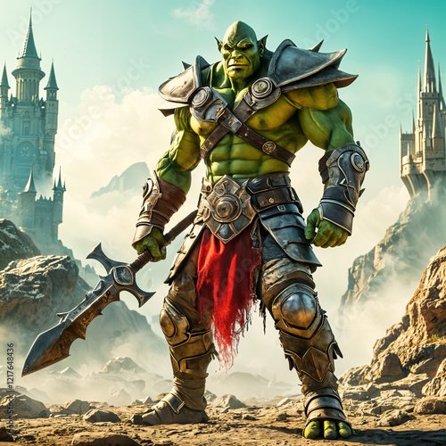 A muscular green orc standing on rocky terrain, holding a large sword and wearing an armor. In the background, there is a castle-like structure with towers.