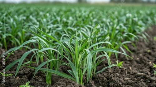 Young green plants growing in fertile soil of an agricultural field with depth of field effect and ample Copy Space photo