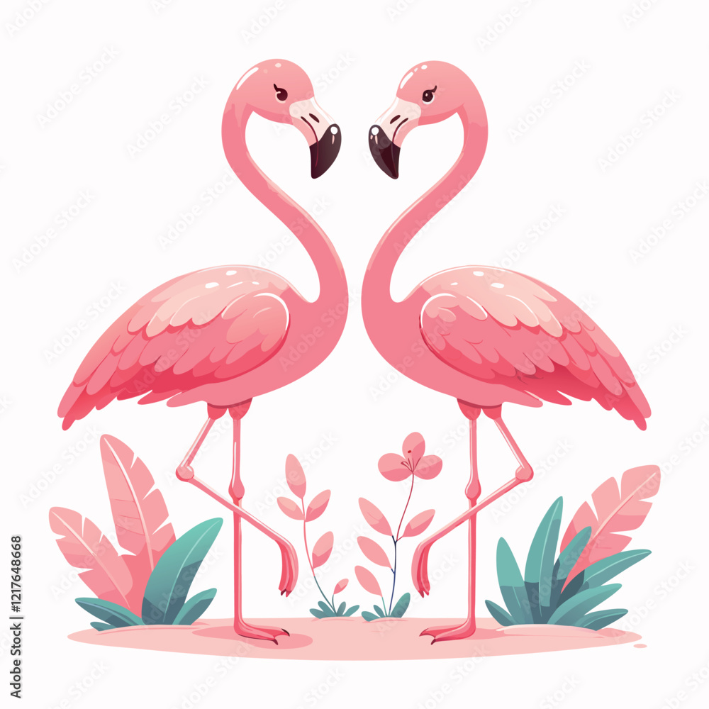 Obraz premium Pair of cartoon pink flamingos amidst tropical landscape vector illustration