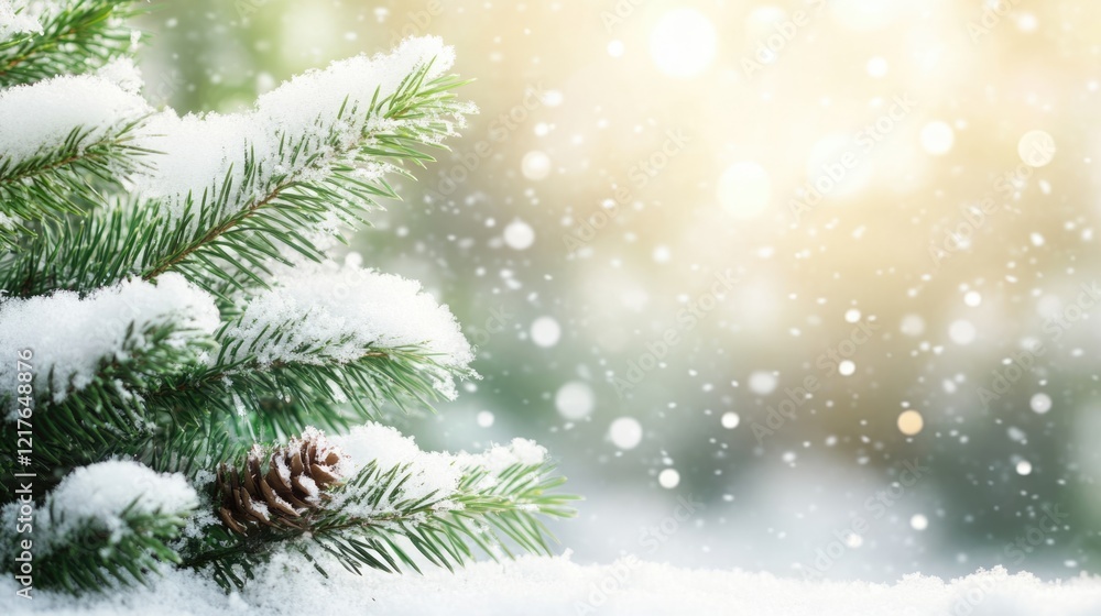 Snowy pine branches with a pine cone and soft blurred winter background, vertical composition with Copy Space. Snowy pine branches with a pine cone and soft blurred winter background, vertical composition with Copy Space.