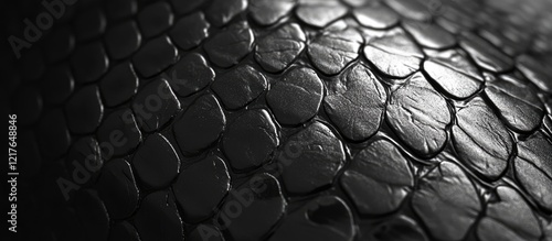 Black mamba snake skin texture with detailed scales and ample copyspace for text in a dramatic black and white presentation