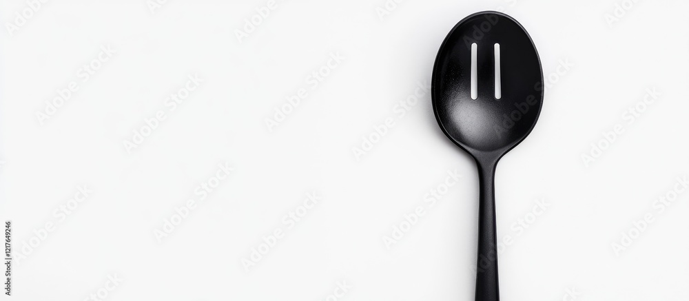 Fototapeta premium Black slotted spoon isolated on white background with ample copyspace for culinary text or recipe information