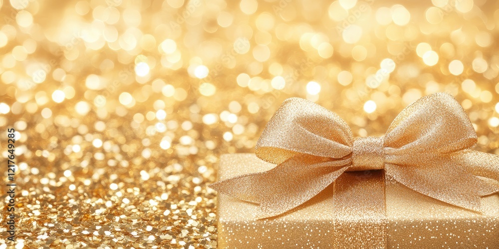 Elegant Gold Gift Box with Bow on Shimmering Glitter Background Featuring Decoration and Copy Space for Holiday or Special Occasion Messaging Elegant Gold Gift Box with Bow on Shimmering Glitter Background Featuring Decoration and Copy Space for Holiday or Special Occasion Messaging