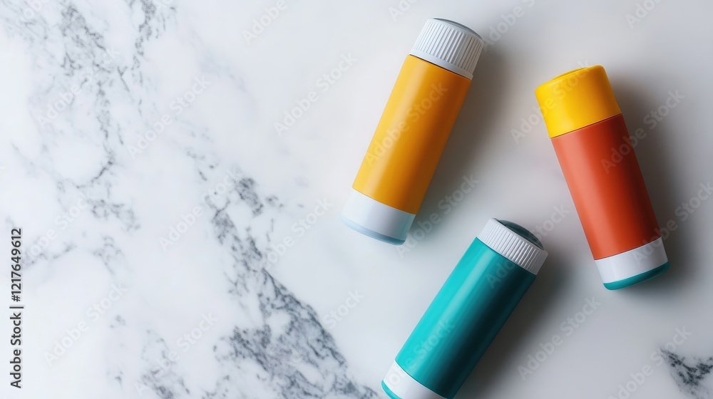 Colorful asthma inhalers arranged on a white marble surface showcasing healthcare and respiratory support products for allergy management. Colorful asthma inhalers arranged on a white marble surface showcasing healthcare and respiratory support products for allergy management.