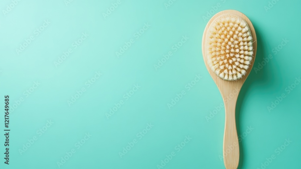 Natural wood hairbrush with soft bristles on a turquoise background with ample copy space Natural wood hairbrush with soft bristles on a turquoise background with ample copy space