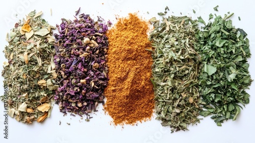 Fototapeta Naklejka Na Ścianę i Meble -  Assorted dried culinary herbs and spices arranged in a line on a white background showcasing vibrant colors and textures of each blend