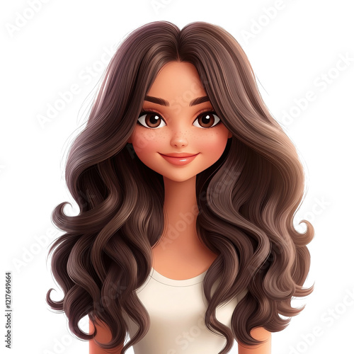 A 3D cartoon render of a beautiful brunette girl with long, shiny, curly hair, smiling and posing