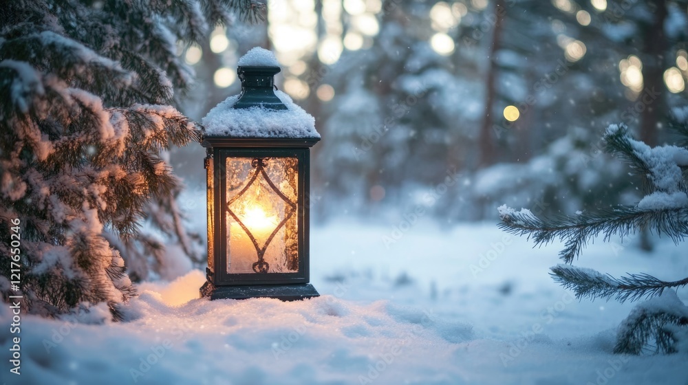 Snow-covered lantern glowing amidst winter forest scene with soft snowfall and blurred background, Copy Space available for text. Snow-covered lantern glowing amidst winter forest scene with soft snowfall and blurred background, Copy Space available for text.