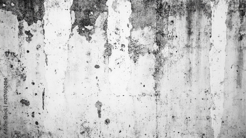 Fototapeta premium Aged cement wall backdrop with weathered texture and white stains for artistic or architectural use.