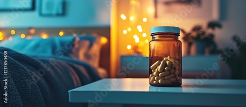 Pills in a bottle on nightstand in a cozy bedroom setting promoting healthcare and wellness with empty copyspace for text photo