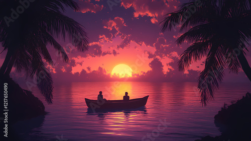 A pair of individuals in a modest vessel on a tranquil expanse of water amidst a picturesque palm grove during sunset. Ocean Grove. Illustration photo