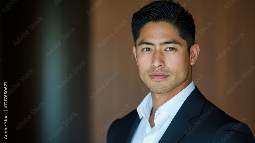 Professional portrait of a confident young man in a suit with a focused expression against a blurred background. Copy Space available. Professional portrait of a confident young man in a suit with a focused expression against a blurred background. Copy Space available.