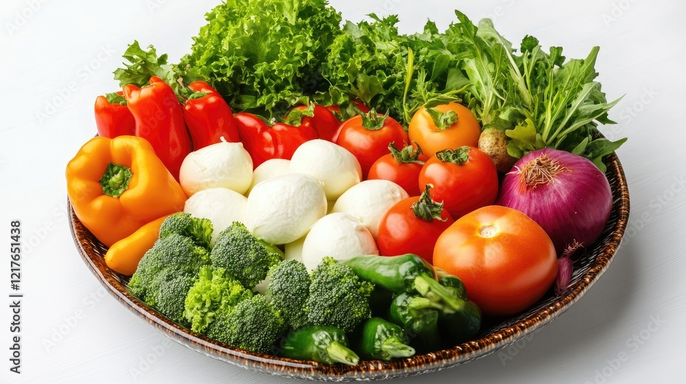 Vibrant assortment of fresh vegetables and mozzarella on a plate showcasing healthy plant-based food for a nutritious meal presentation Vibrant assortment of fresh vegetables and mozzarella on a plate showcasing healthy plant-based food for a nutritious meal presentation