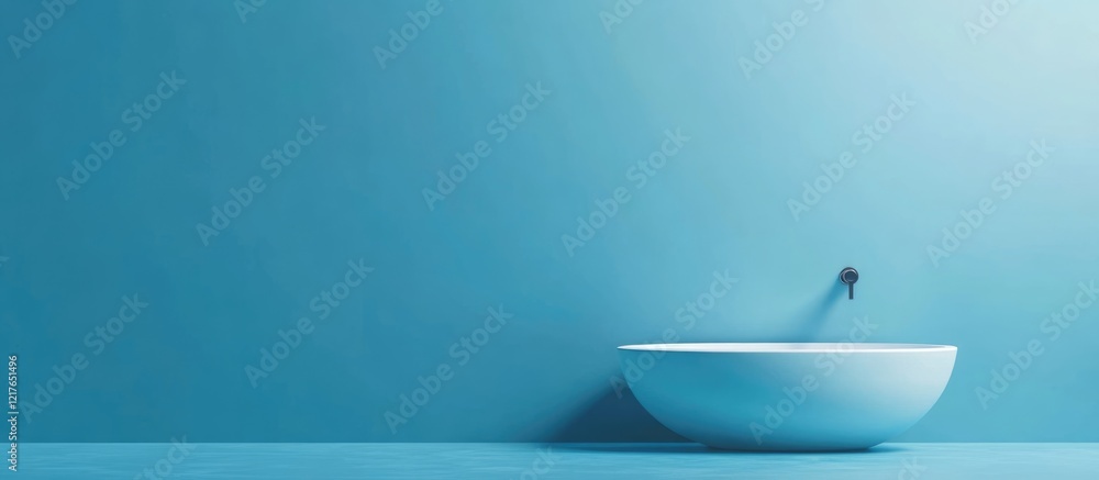 Contemporary Blue Bathroom Design with Decorative Wall and Minimalist Sink Offering Empty Copy Space for Text or Branding Contemporary Blue Bathroom Design with Decorative Wall and Minimalist Sink Offering Empty Copy Space for Text or Branding