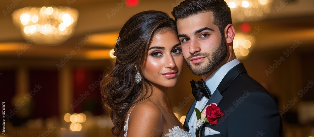 Elegant bride and groom posing together in a ballroom setting with soft lighting and ample copy space for text or messages Elegant bride and groom posing together in a ballroom setting with soft lighting and ample copy space for text or messages