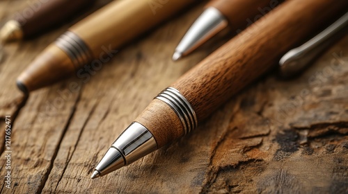 Mockup of a pen with a blank barrel ideal for custom logo placement on a textured wood surface photo