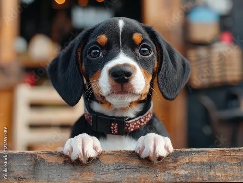 A cute puppy with a black and brown coat peeks over a wooden fence, showcasing its playful expression and curious eyes.