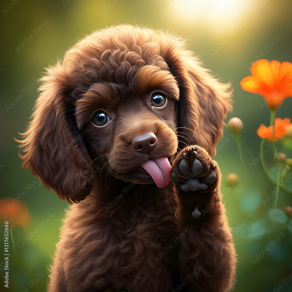 Fototapeta premium Cute Brown Puppy and Orange Flowers