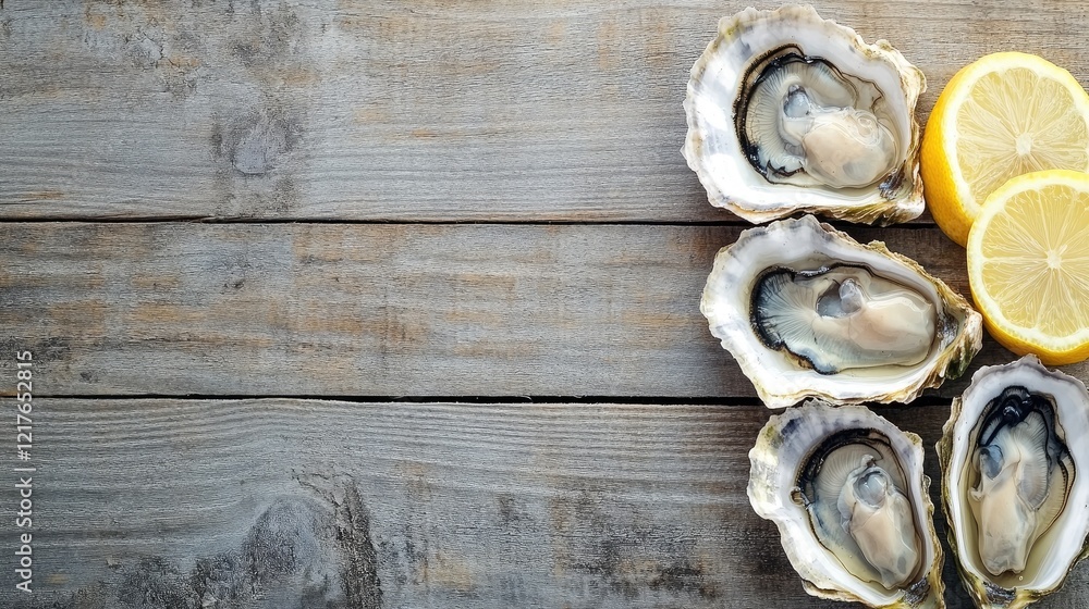 Assortment of fresh oysters with lemon slices arranged on rustic wooden background in a stylish flat lay presentation Assortment of fresh oysters with lemon slices arranged on rustic wooden background in a stylish flat lay presentation