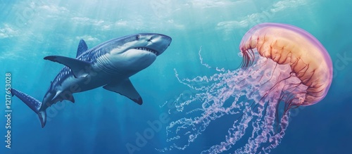 Basking Shark Swimming Near Vibrant Jellyfish Underwater Interaction with Copyspace for Text photo