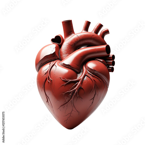 Realistic human heart 3D render isolated on transparent background.