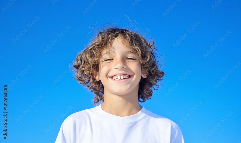 Happy boy smiling outdoors, clear blue sky Happy boy smiling outdoors, clear blue sky