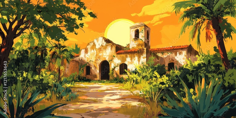 Naklejka premium Old Stone Building Sunset Tropical Landscape