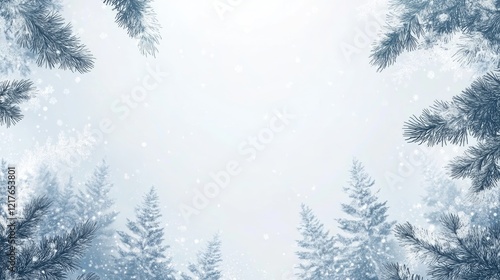 Aerial View of Snow-Covered Pine Coniferous Forest with Empty Space for Holiday Greetings in Tranquil Winter Landscape Background photo