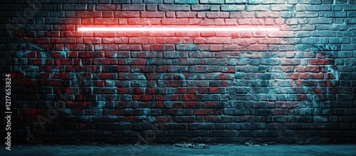 Neon graffiti brick wall background with illuminated strip and ample empty space for creative text or design elements photo