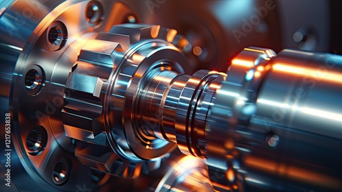 Detail of the metal turbine mechanism. Large shiny steel equipment with blades. A machine with many gears and a shiny metallic appearance. Illustration for poster, cover, brochure or presentation.