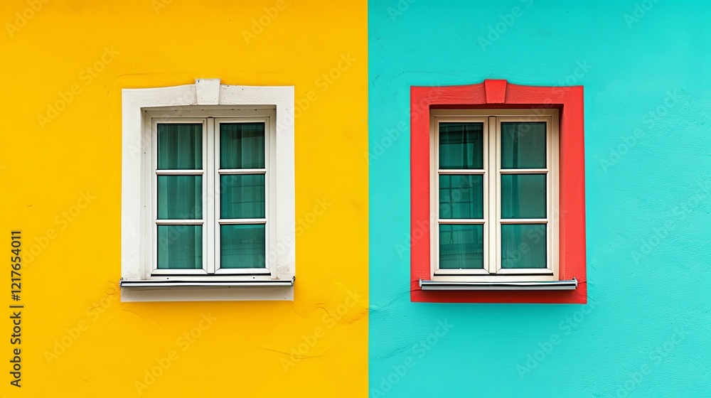 Exterior facade of a residential building with brightly coloured wall and two windows. Illustration for cover, postcard, interior design, brochure, presentation. Exterior facade of a residential building with brightly coloured wall and two windows. Illustration for cover, postcard, interior design, brochure, presentation.