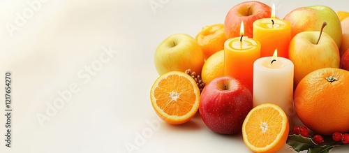 Festive Christmas Arrangement of Candles Fruits and Oranges with Blank Space for Holiday Text or Greetings photo