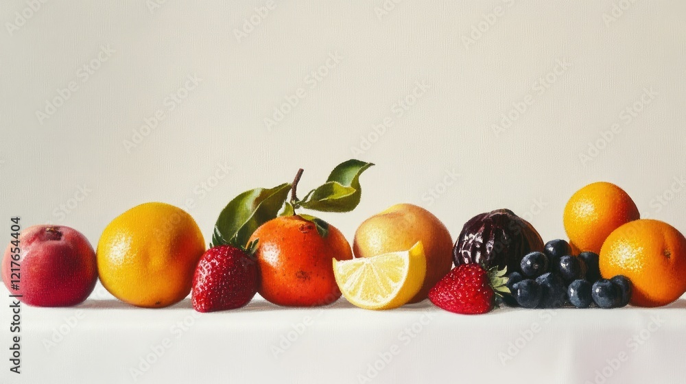 Vibrant assortment of fresh fruits arranged neatly on a neutral background showcasing colorful apples oranges strawberries and more Vibrant assortment of fresh fruits arranged neatly on a neutral background showcasing colorful apples oranges strawberries and more